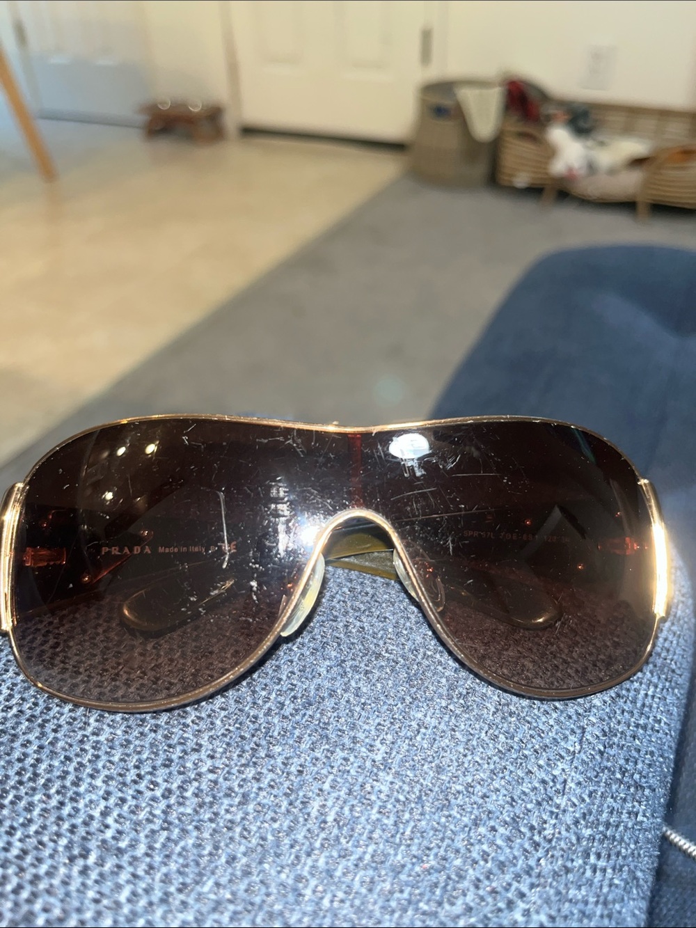 Prada Women's Shield Sunglasses — Dark Brown Lens with Olive Arms